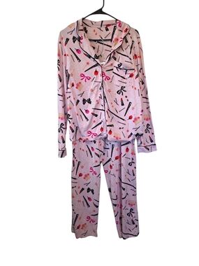 Kate Spade Women's 2 Piece Pajama Pants Set Size M Pink w/Multi Accessories